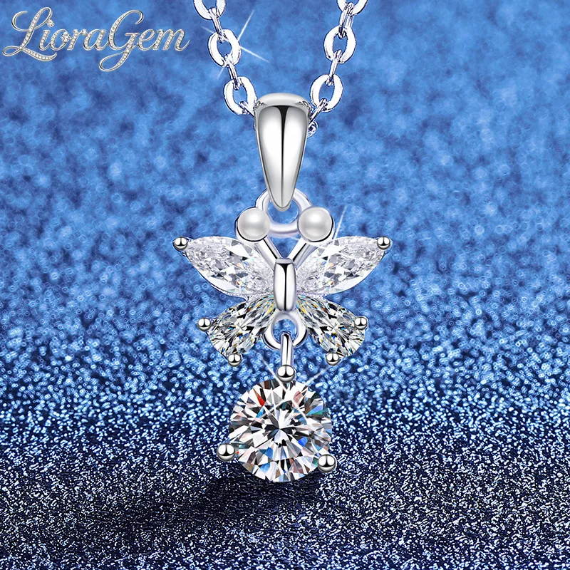 LioraGem Platinum PT950 Moissanite 0.5 Carat Necklace, Personalized Design Diamond-Studded Butterfly Wing Pendant Necklace