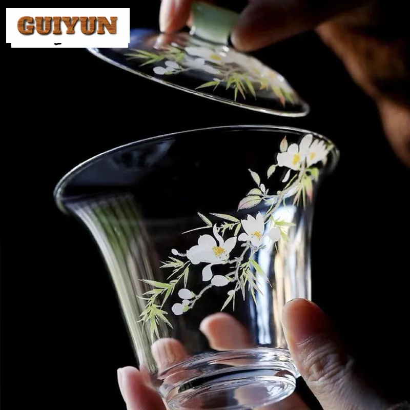 155ml High Borosilicate Glass Flower Gaiwan Vintage Transparent Non Hot Tea Tureen Tea Making Cover Bowl Tea Ceremony Decoration