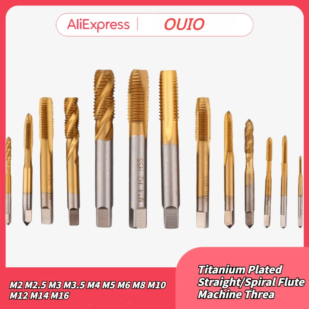 OUIO M2 M2.5 M3 M3.5 M4 M5 M6 M8 M10 M12 M14 M16 Titanium Coated Hand Faucet Hss Metric Straight Flute Threaded Tap