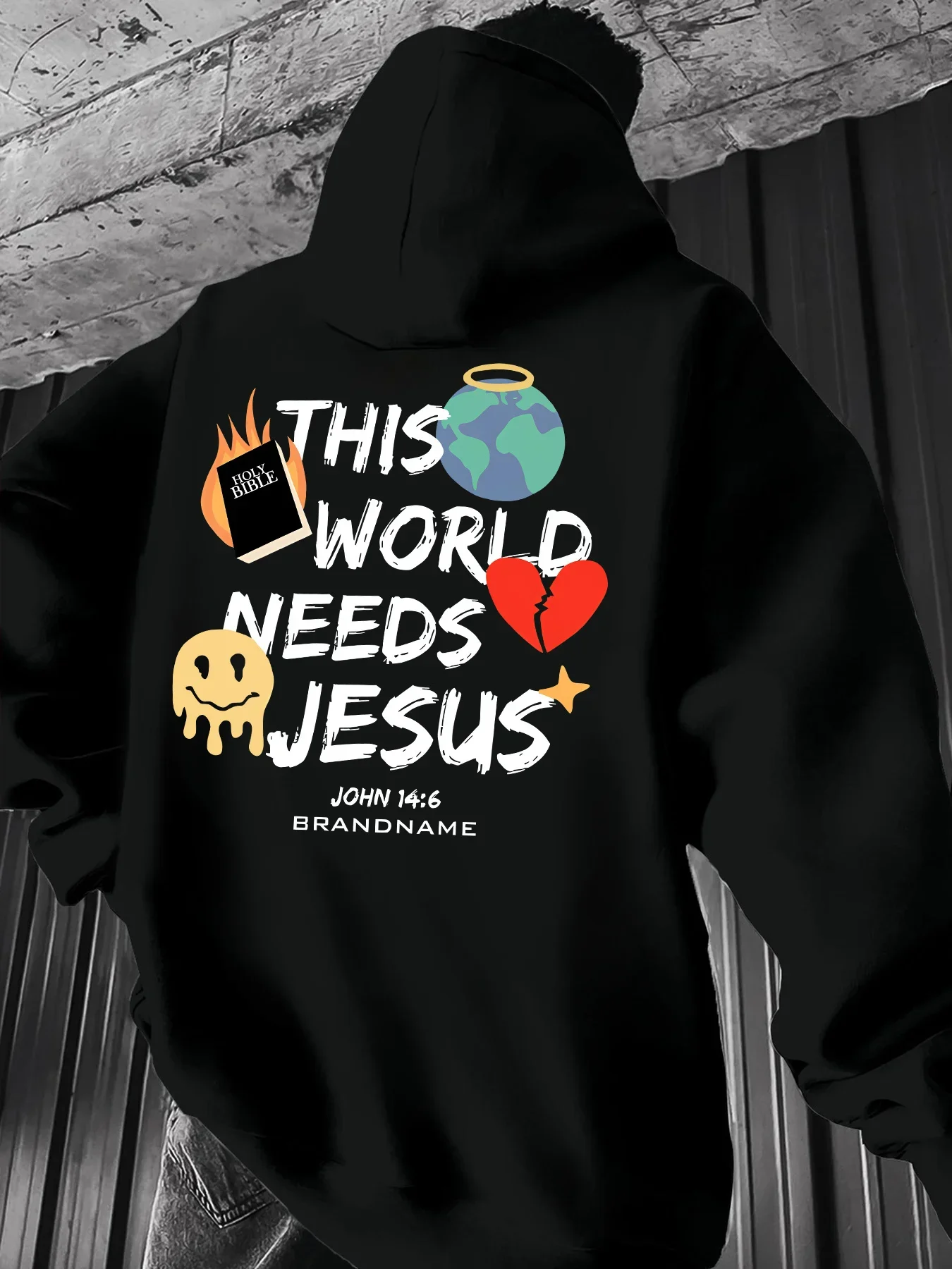 Y2K Graffiti Men Hoodie This World Needs Jesus Heart Earth Motif Back Print Autumn Winter Fleece Lined Loose Hooded Sweatshirt