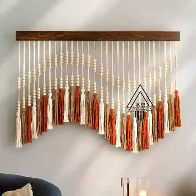 

Nordic Simple Wood Bead Tassel Fiber Art Wall Hanging Tapestry Bedroom Bedside Living Room Decorative Geometric Pattern