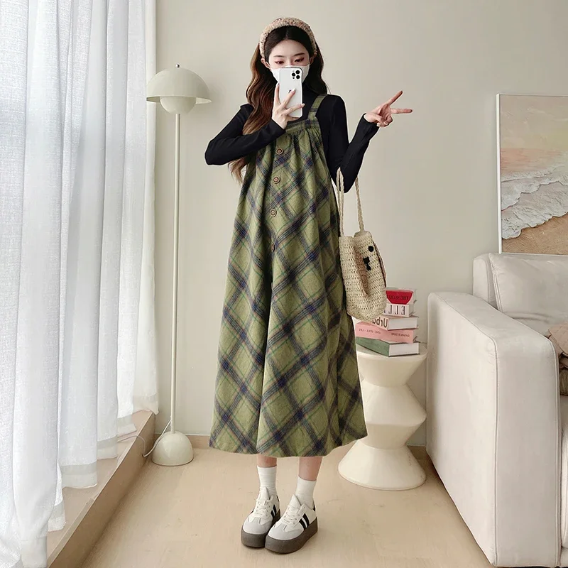 Plus Size Maternity Dress Suits Autumn Long Sleeve Slim Shirt+green Plaid Strap Dress Twinset Fashion Pregnant Woman Clothes Set