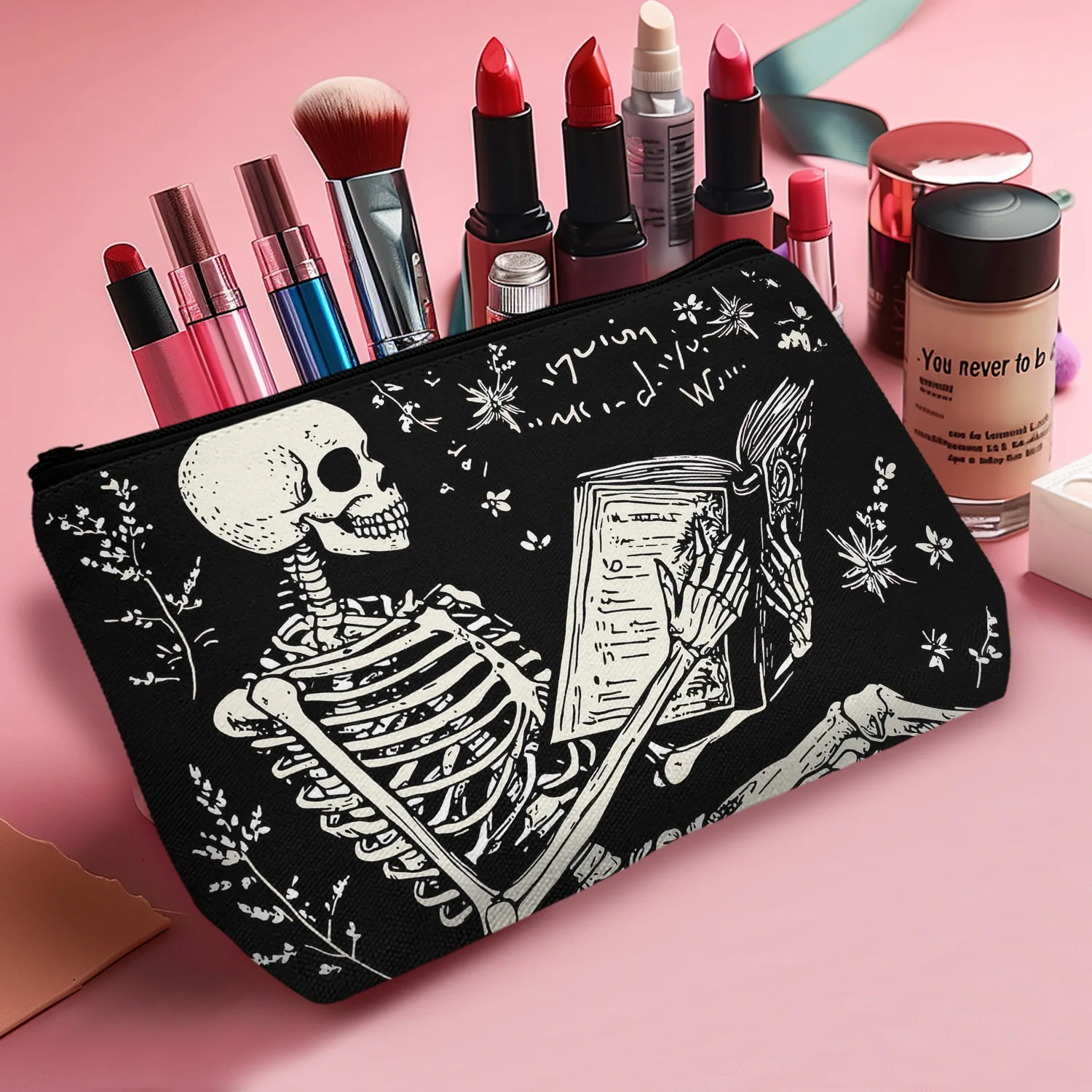 1Pc Funy Skeleton Man Reading A Book Cosmetic Bag Plant Leaves Abstract Art Style Multifunctional Cosmetic Bag 8.66X5.51Inch