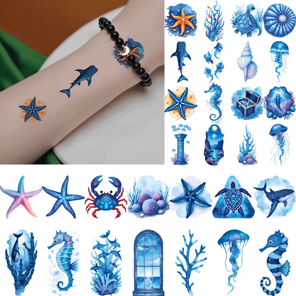 

63pcs Temporary Tattoo Starfish Waterproof Long-lasting Body Stickers Turtle Jellyfish Watercolor For Shoulders Men