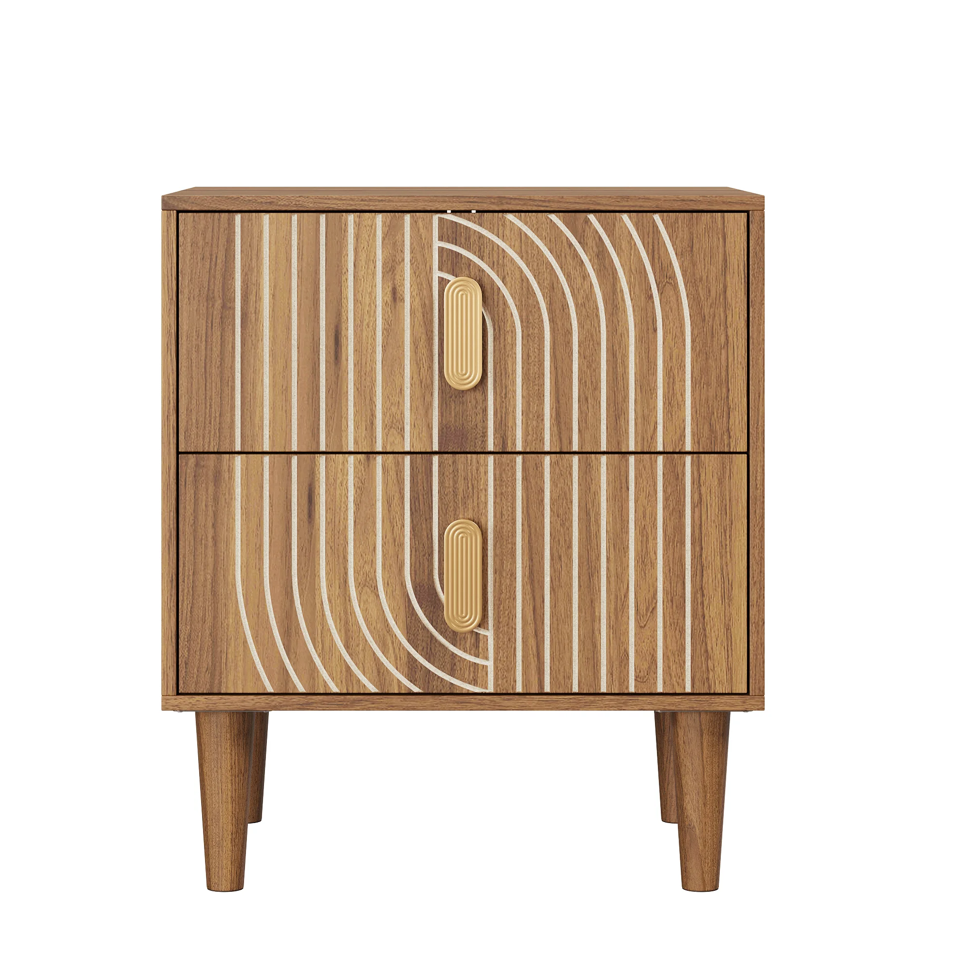 Mid-Century Modern Nightstand with 2 Drawers, Walnut Wood Grain Bedside Table with Soft-Close Slides, Arched Groove End Table