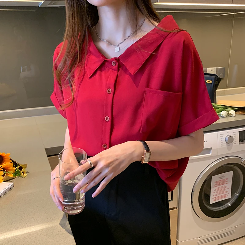 

Модный шифоновый топ с короткими рукавами, женский летний топ нового дизайна, топ с воротником-куклой, корейский стиль, повседневная свободная рубашка
