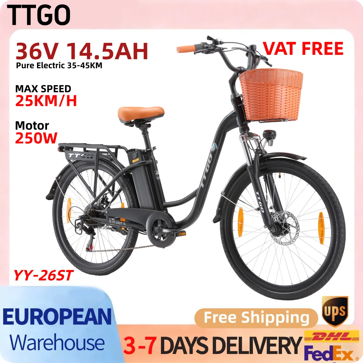 Vélo électrique TTGO YY-26ST 36V 14.5AH pour adultes, 26 pouces, 250W, batterie au lithium amovible grande capacité, cadre en aluminium léger, adapté à divers scénarios : déplacements urbains, sentiers et balades de loisirs – Comprend un panier à légumes – Vélo électrique