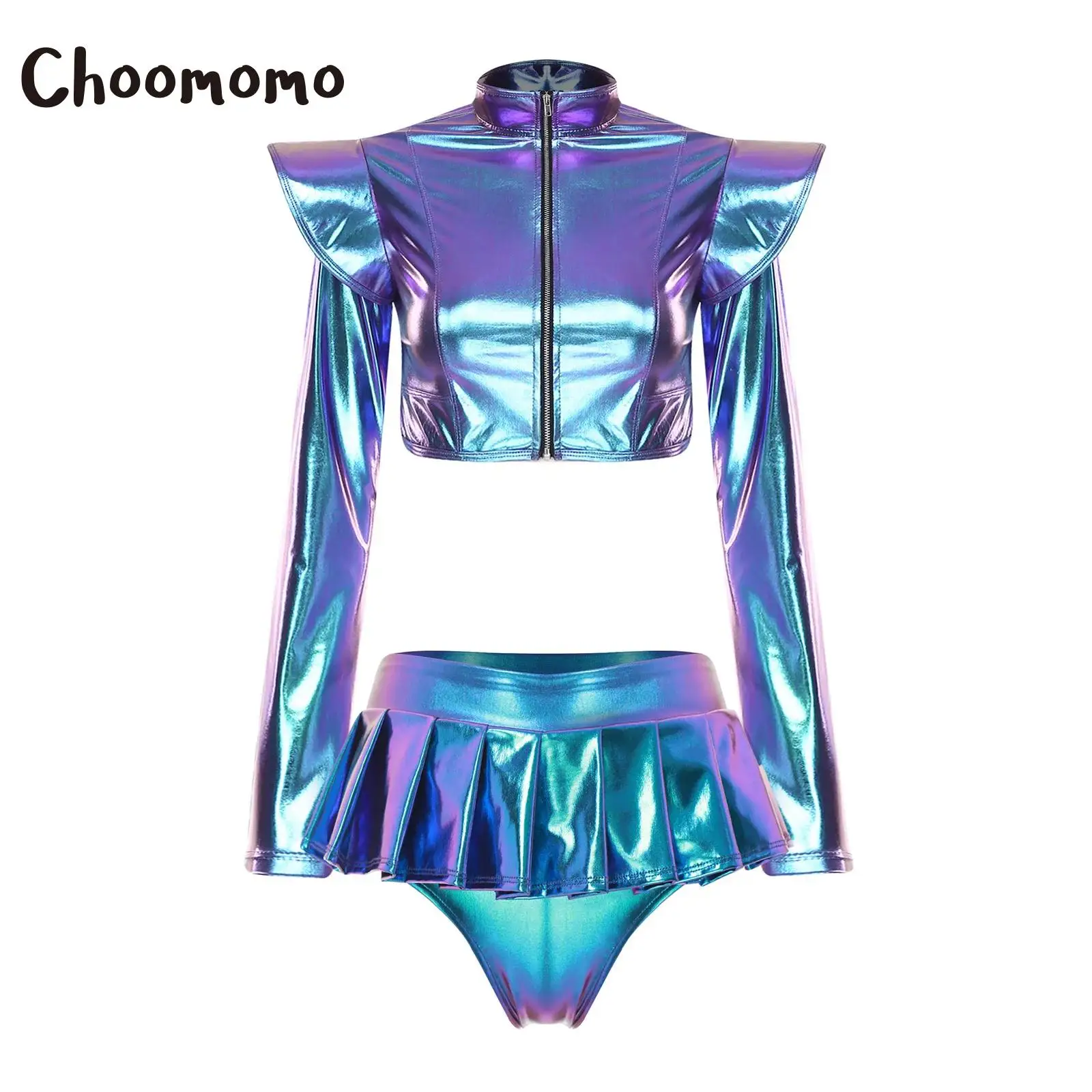 

Womens Iridescent Metallic Disco Outfit Long Sleeve Shiny Crop Jacket Zipper Outerwear And Pleated Mini Skirt Culottes Rave Suit