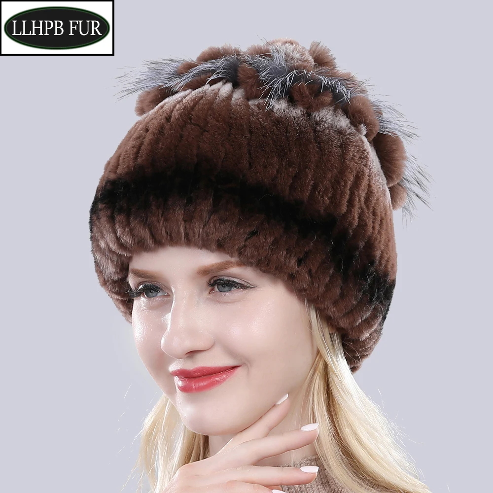 

New Fur Hats for Women Winter Real Rex Rabbit Hat Fox fur kniting female warm snow caps ladies elegant princess beanies Fur cap