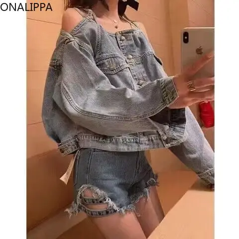 Onalippa Retro Ripped Off Shoulder Cropped Blue Jean Jacket Women Solid Single Breasted Coat Korean Chic High Street Jackets