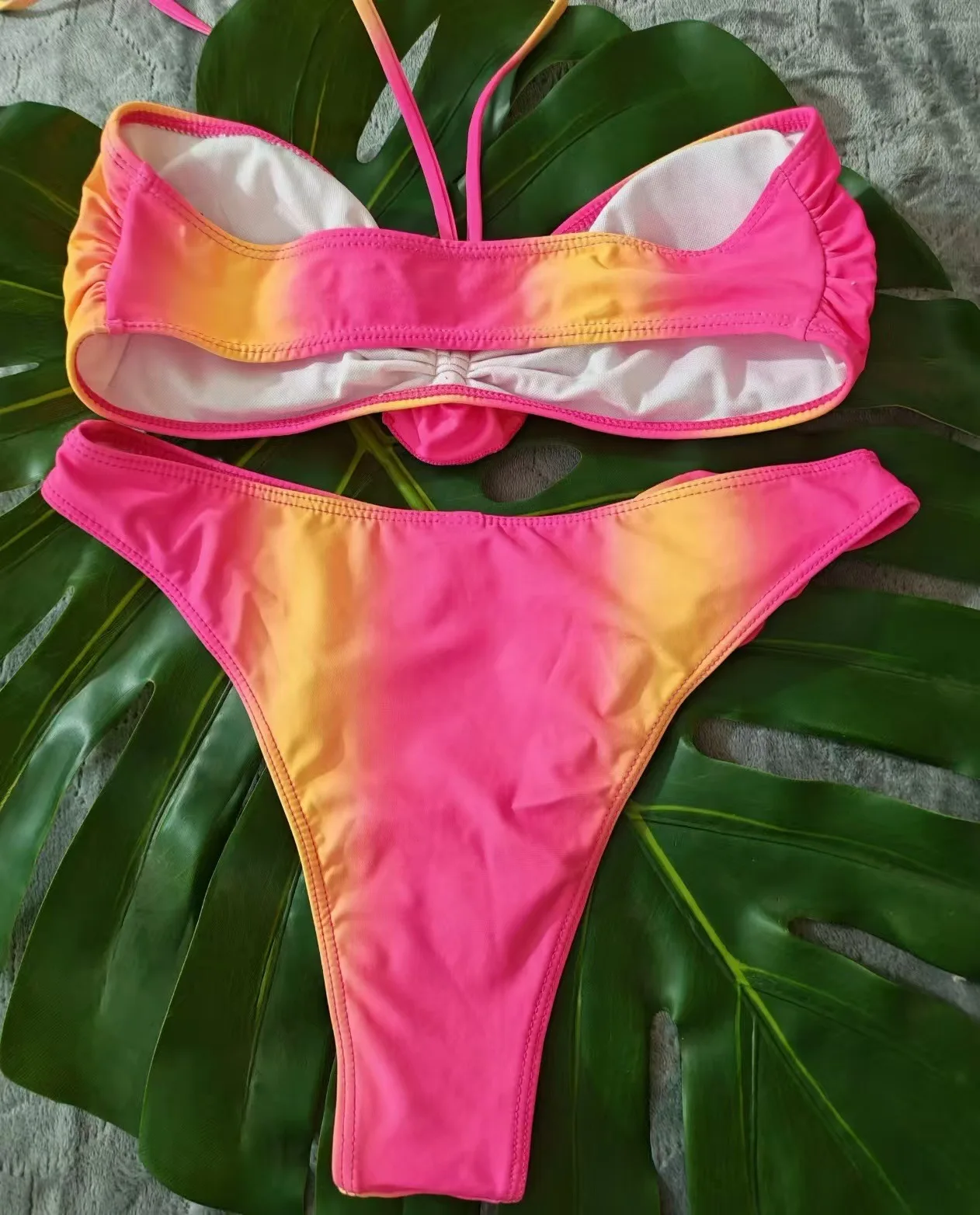 sexy pink gradient 3d flower bandeau bikinis sets two pieces thong swimsuits bathing suit swimwear biquini tankini trikini