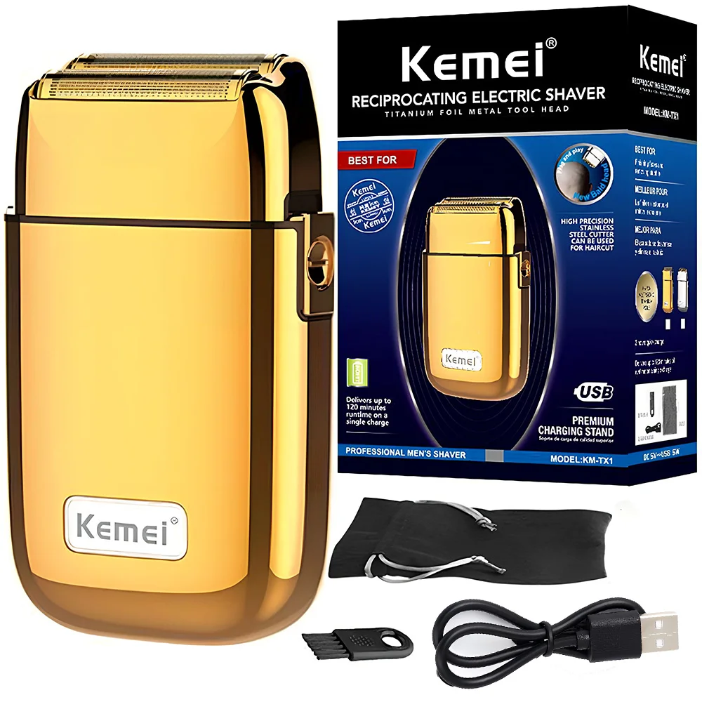 Kemei เครื่องโกนหนวดไฟฟ้าสำหรับผู้ชาย, เครื่องโกนหนวดไฟฟ้าทำจากโลหะแบบเต็มรูปแบบ Tx1สามารถชาร์จไฟได้