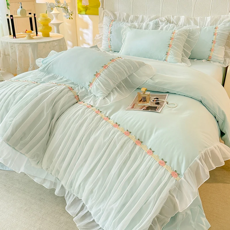3/4Pcs Bedding Set Korean Princess Blue Lace Ruffle Duvet Cover Four-Season Double Bed Full-Size Boiled Cotton Bed Linen