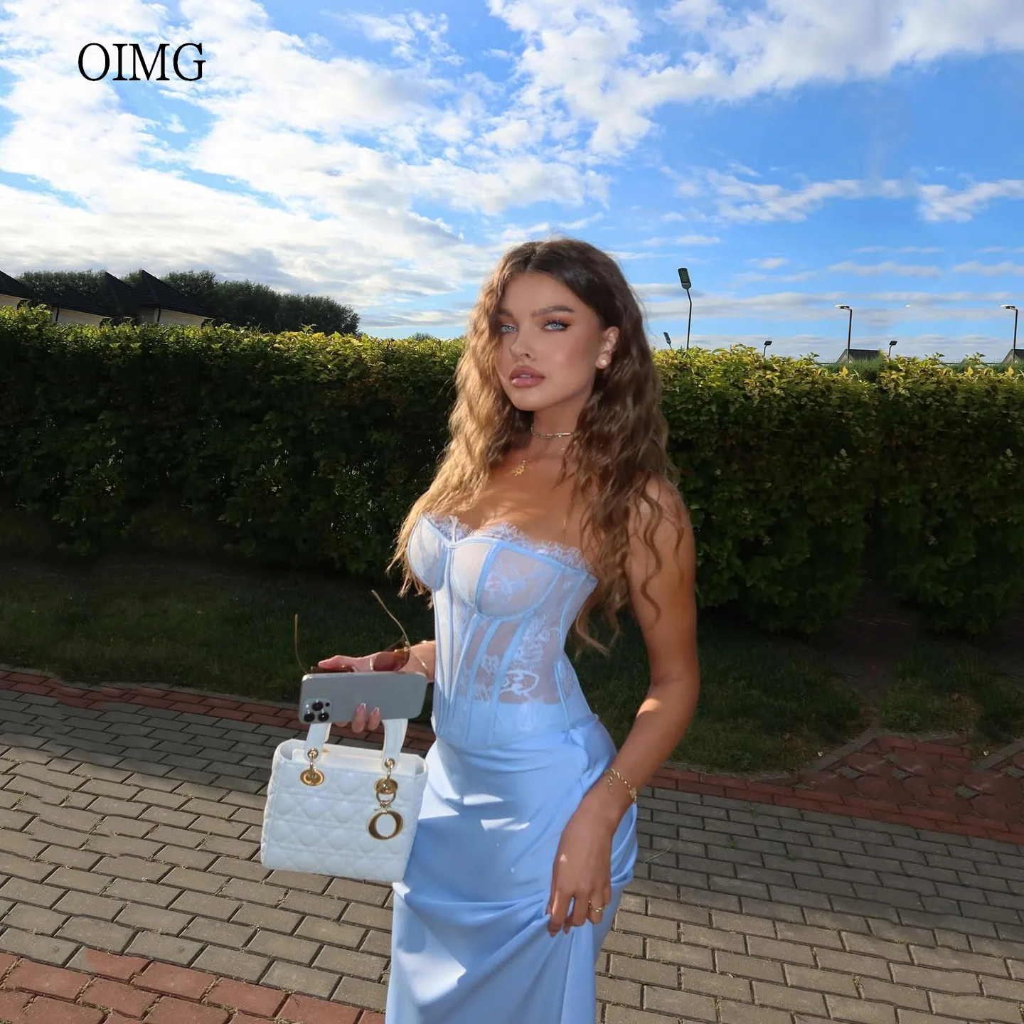 

OIMG Sky Blue Lace Sweetheart Neck Mermaid Prom Gowns Backless Party Gown Floor Length Evening Dress Customized