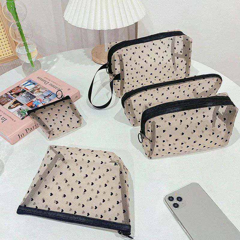  Heart Transparent Mesh Makeup Bag Multifunction Portable Women Cosmetic Storage Pouch Ladies Toiletry Lipstick Organizer Bags 