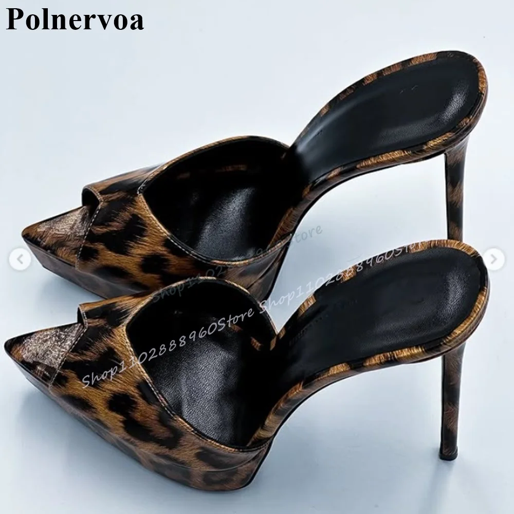 

Sexy Leopard Print Platform Pointy Leather Slippers Stilettos High Heel Shoes For Women Slip On Pointed Toe Stylish Slippers