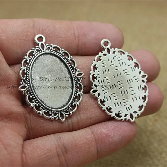 20 pçs/lote antigo prata cor filigrana cameo cabochão base configuração pingente bandeja 30*40mm (ajuste 18*25mm diâmetro) jóias em branco