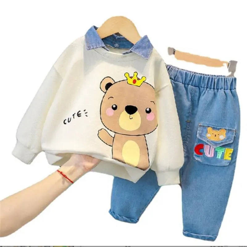 New Spring Autumn Kids Boys Girl Clothes Cartoon Hoodies Jeans 2Pcs/sets Outfit Infant Kids Sport Casual Clothing Tracksuits