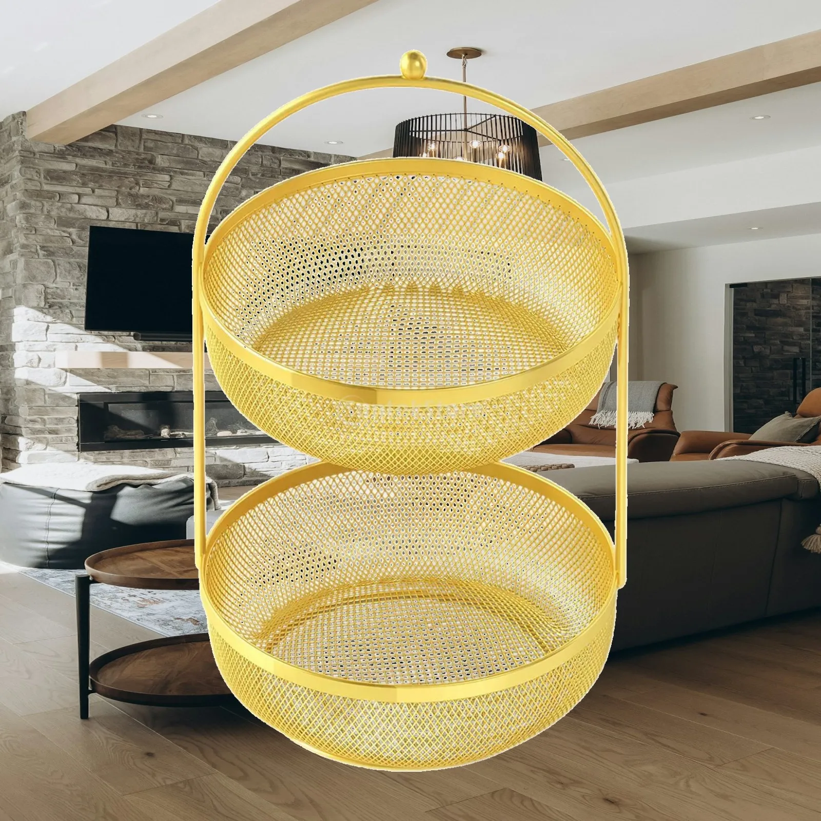 Two Layer Metal Fruit Bowl Stand Countertop Organizer Storage Basket for Kitchen Dining Room and Household Decoration