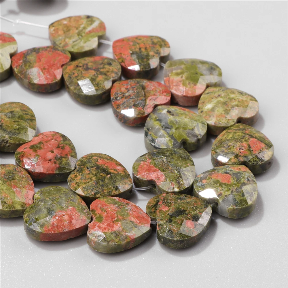 Natural Unakite Pendant Beads Flat Love Heart Faceted Stone Bead Healing Reiki Beads for DIY Bracelet Necklace Earrings 15*15mm