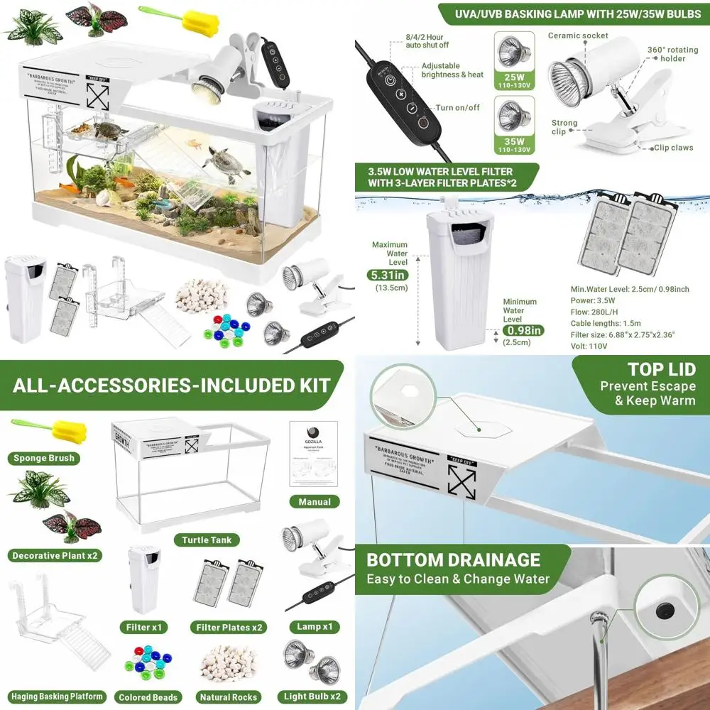 

Aquatic Turtle Starter Kit with Adjustable Lamp, Filter, and Hanging Platform for Small Reptiles (15.75x7.9x9 White)