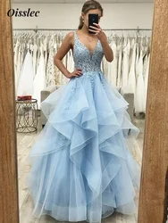 Oisslec Dress Elegant Vintage Sweet Blue Applique Lace V-Neck Customize Formal Occasion Prom Dress Evening Party Gowns