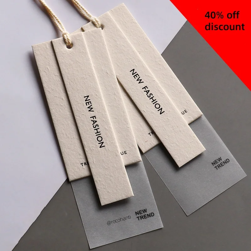 1000x Customized Logo Printed Eco-Friendly Paper Hang tag 3 in 1 Set Garment Tag for Clothes Bag Black Foil Embossed Beige Color