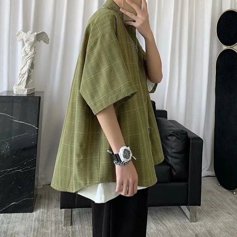 Korean Style Loose and Versatile Plaid Five-point Sleeve Shirt