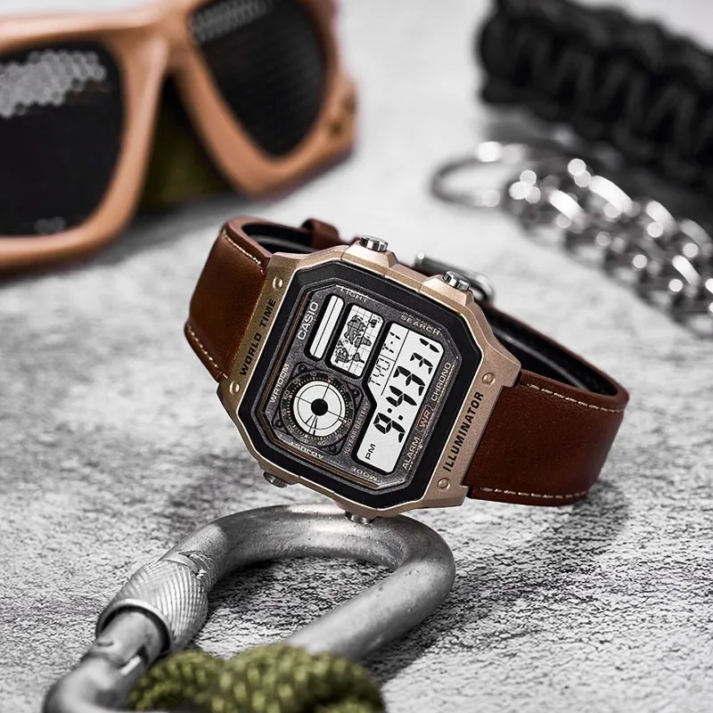 Reloj electrónico resistente al agua Casio AE-1200WHL-5A, reloj de pulsera retro cuadrado pequeño multifuncional duradero para deportes al aire libre para hombre