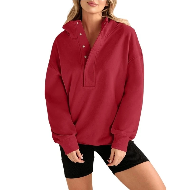 Women's Half‑Snap Stand Collar Oversized Long Sleeve Hooded Sweatshirt Red S Eco-Friendly