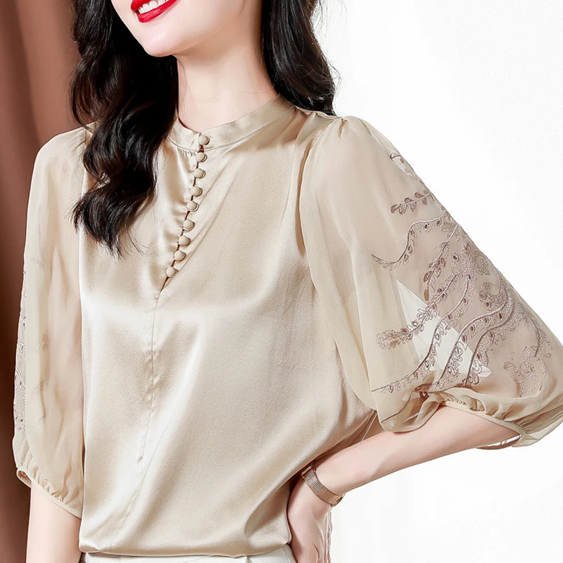 Summer Satin Silk Blouse Women Embroidery Shirts Women Elegant Solid Half Sleeve Loose Women Tops Simple Design Female Clothing