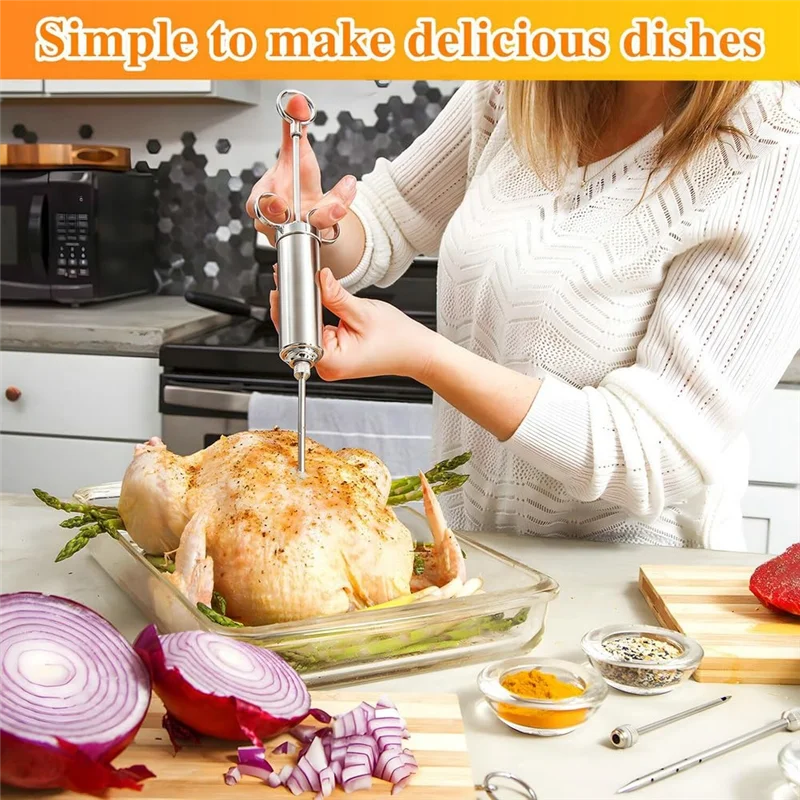 

【Flash Deal】304-Stainless Steel Meat Injector Syringe Kit With 3 Marinade Needles For BBQ Grills Smokers, Turkey, Beef, Brisket,