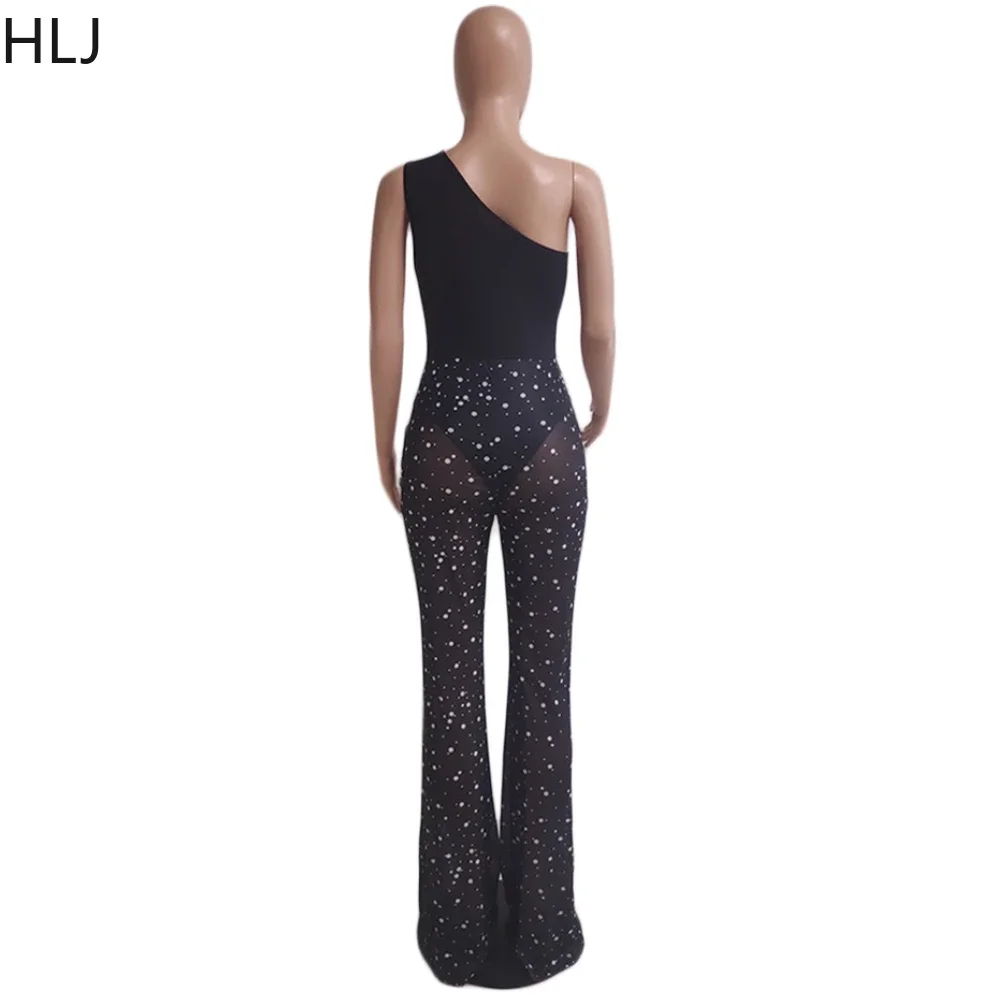 HLJ Black Sexy Mesh See Though Pants Two Piece Sets Fashion One Shoulder Sleeveless Bodysuits And Pants Outfits Fashion Clubwear