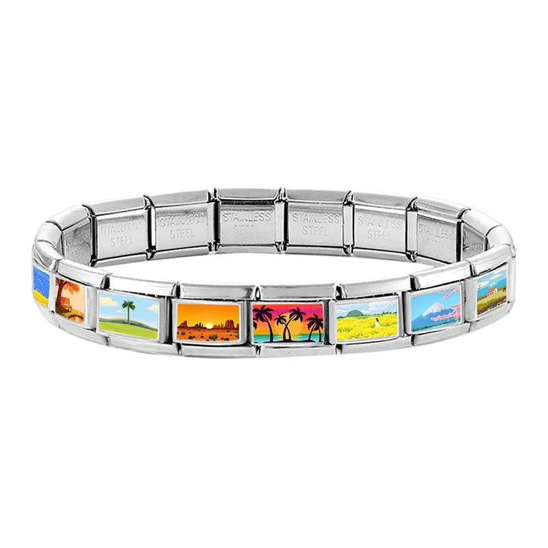 2026 Sakura Mount Fuji Snow Mountain Lake Stainless Steel Link fit 9mm Italian Scenery Series Jewelry Making DIY Charm Bracelets