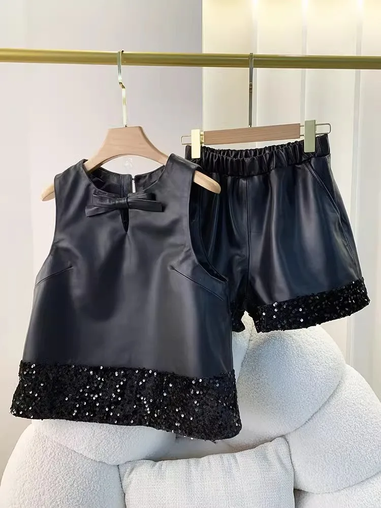 Spring Women Two Piece Set Genuine Leather Casual Fashion Patchwork Sequin Pullover Waistcoat Elastic Waist Shorts Matching Sets