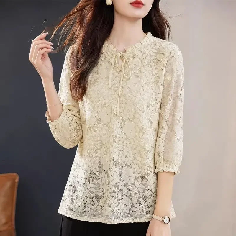 

Womens Lace Blouse Three Quarter Sleeve Plus Size Elegant Spring Summer Top