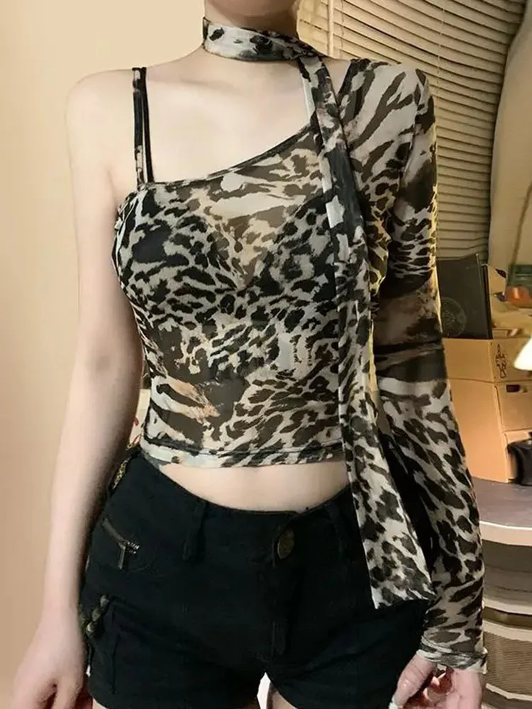 Sexy T Shirts Women Vintage Leopard Printed Mesh Patchwork Diagonal Collar Off Shoulder Y2k Harajuku Crop Tops Female