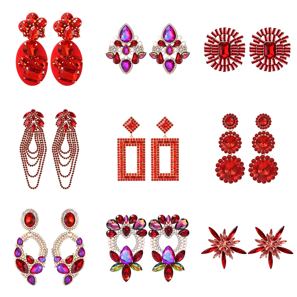 Wholesale Red Series Long Dangle Earrings For Women 2022 Trend New Luxury Design Geometric Vintage Pendant Jewelry Accessories