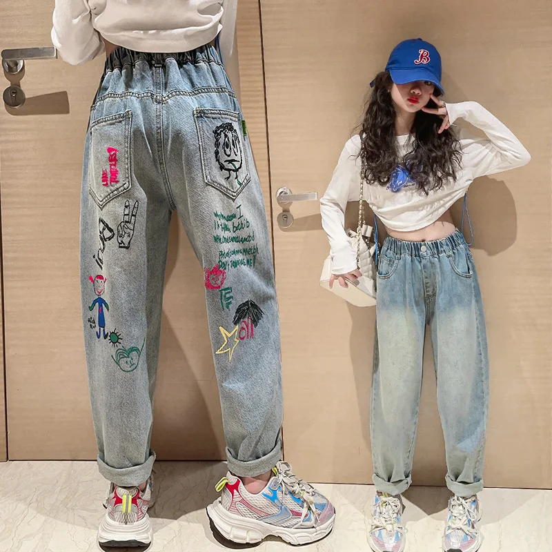 Girls Jean Pants Long Trousers Cotton 2024 Cartoon Spring Autumn Teenagers Baby's Kids Pants High QualityTeenagers Children's Cl