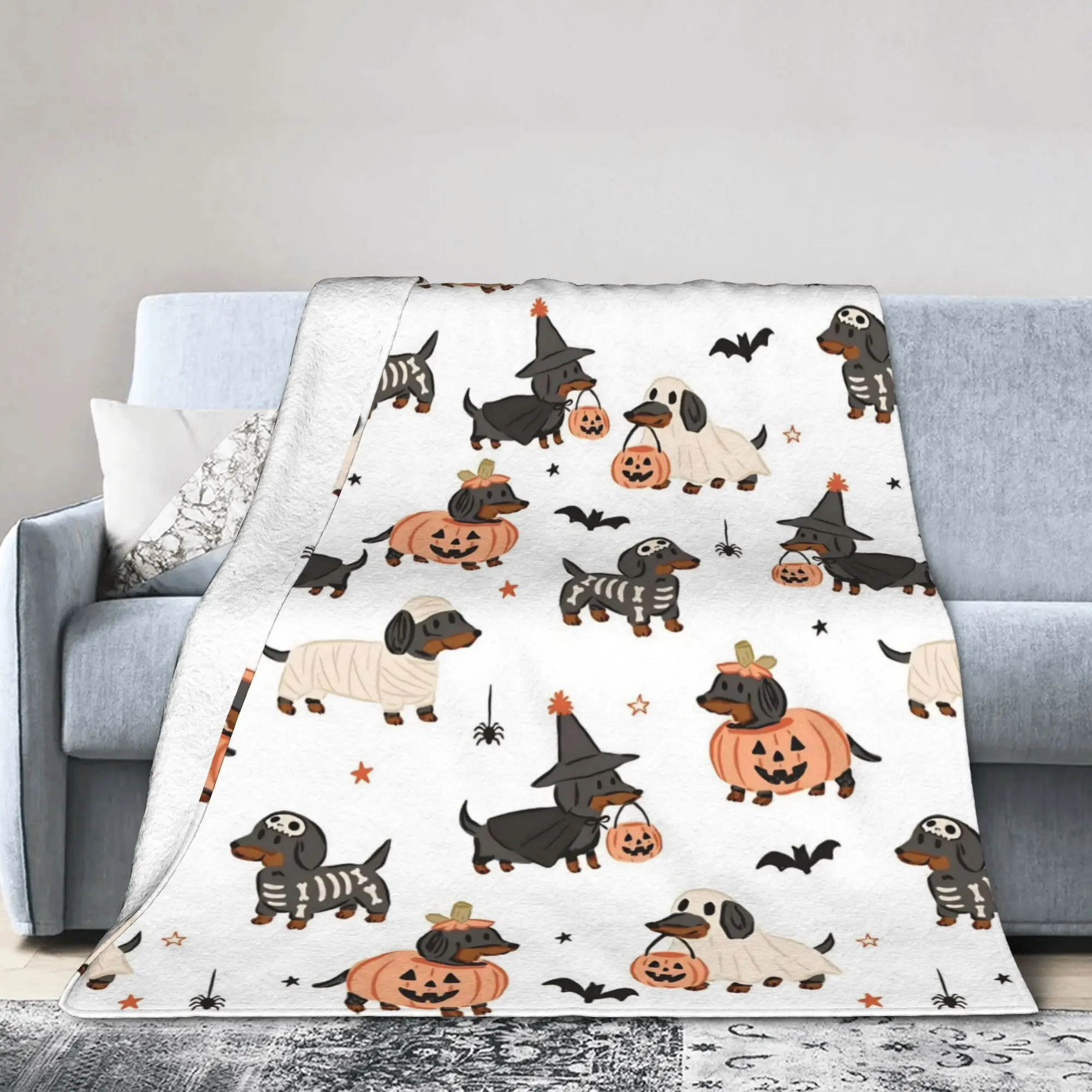 Halloween Dachshund Dog Blankets Bat Pumpkin Wool Novelty Warm Throw Blanket for Bedding Lounge Decoration