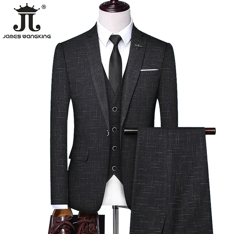 

( Jacket + Vest + Pants ) Groom Wedding Dress Business Casual Plaid Suit 3Piece Mens Formal Workwear Social Ball Slim Fit Tuxedo