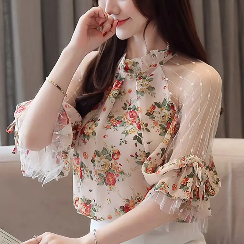 

Floral Chiffon Shirt 2025 Summer Women Mesh Stitching Half Sleeve Tops Vintage Blouse Korean Women Shortsleeve T-Shirt 3XL