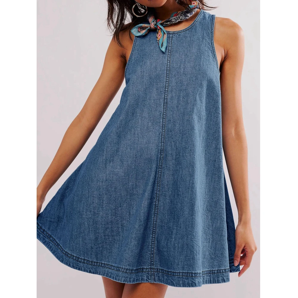 Elegant Women Cut Out Back O-Neck Midi Casual Denim Dress Summer Sleeveless A-Line Dresses Evening Outfits