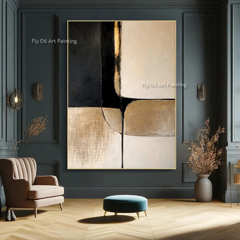 Set Of Two Artwork Popular Simple Design Black And Brown Canvas Thick Artwork Handmade Yellow Beige Oil Painting For Home Decor
