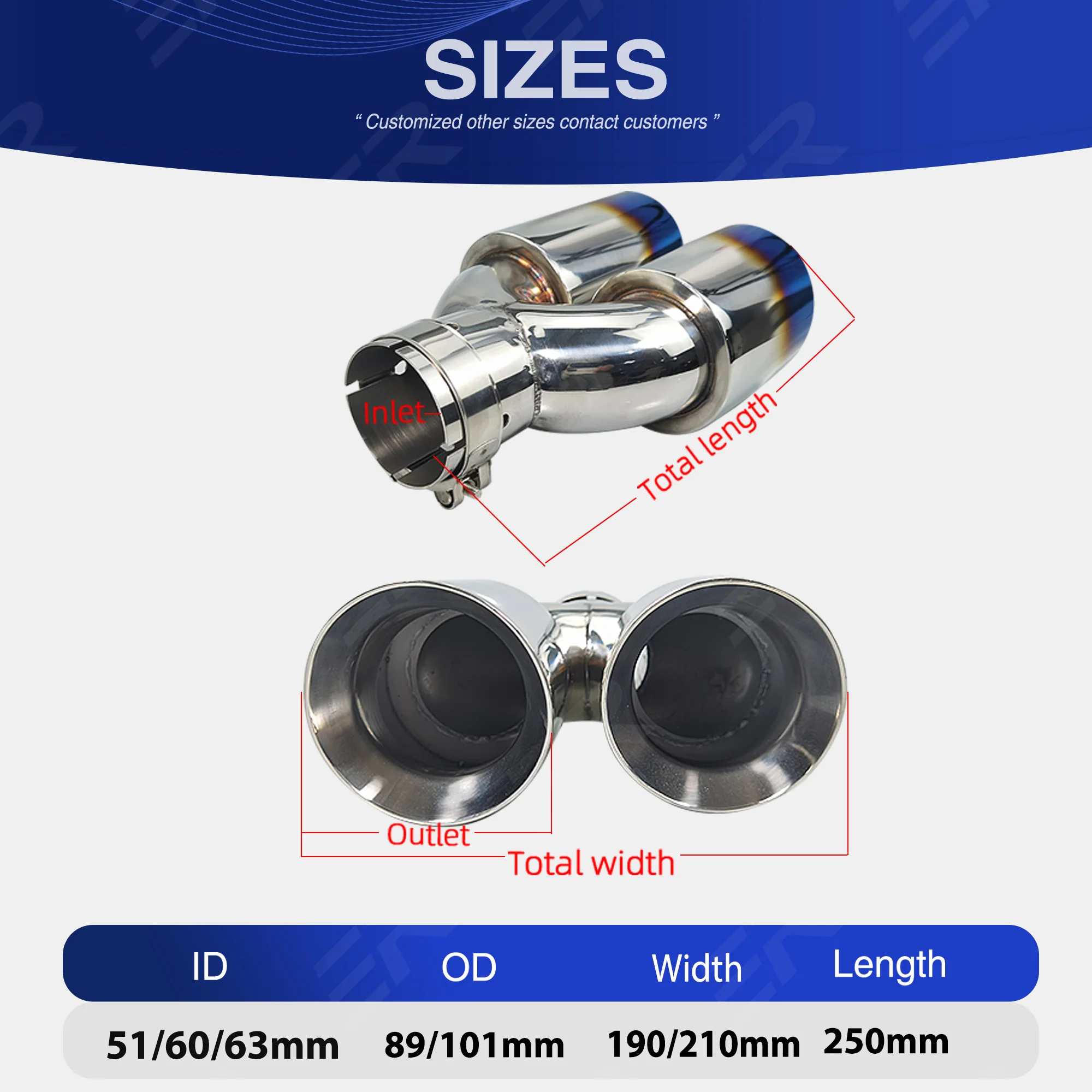 ER Universal Exhaust Pipe Blue Stainless Nozzle Decoration Double Exit Automobile Parts Tail Pipes Support Customized Logo