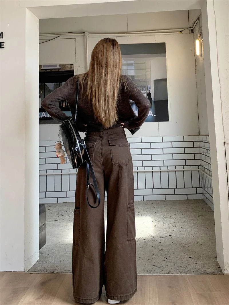 ZHISILAO جينز بني جديد بأرجل واسعة للنساء عتيق Y2k سروال دينم فضفاض غير رسمي ملابس خروج لخريف وشتاء 2025