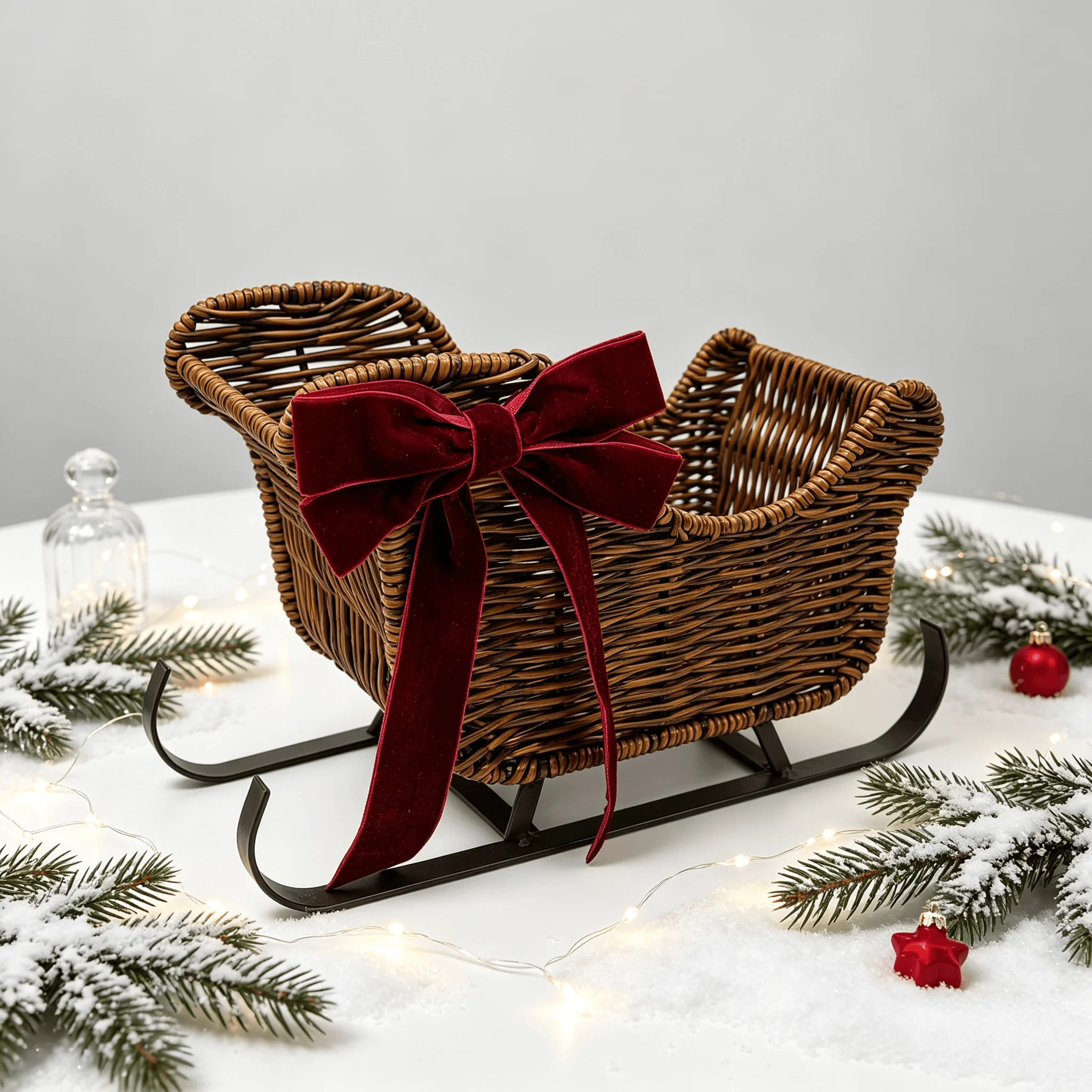 Rattan Christmas Sleigh Decor with Red Velvet Bow, Woven Sled Tabletop Ornament Holiday Home Decoration Xmas Display