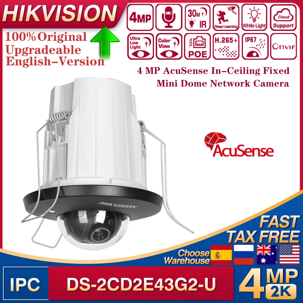 Caméra IP Hikvision DS-2CD2E43G2-U 4MP AcuSense, mini-dôme encastrable, caméra réseau POE, apprentissage profond, micro intégré, fente SD, IPC