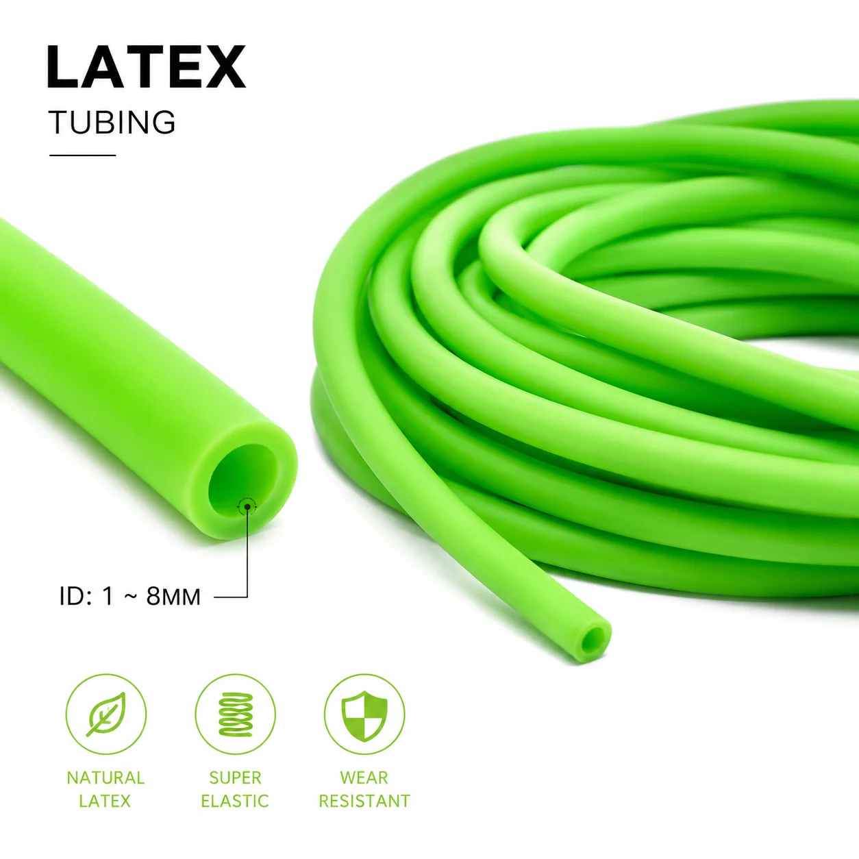 Bright Green Latex Rubber Hose ID 1~8mm wear-resistant/High rebound/stretch resistant fitness tension rubber hose