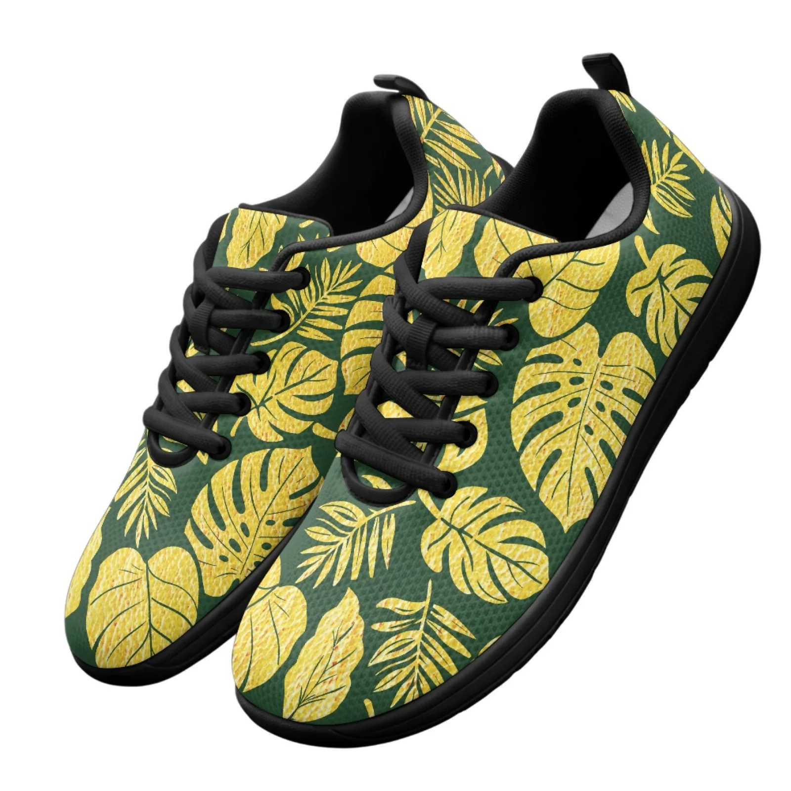 PENSTROLL Gold Leaf Print Lace-Up Running Climbing Shoes Barefoot Shoes for Indoor Comfortable Fashion Sneakers